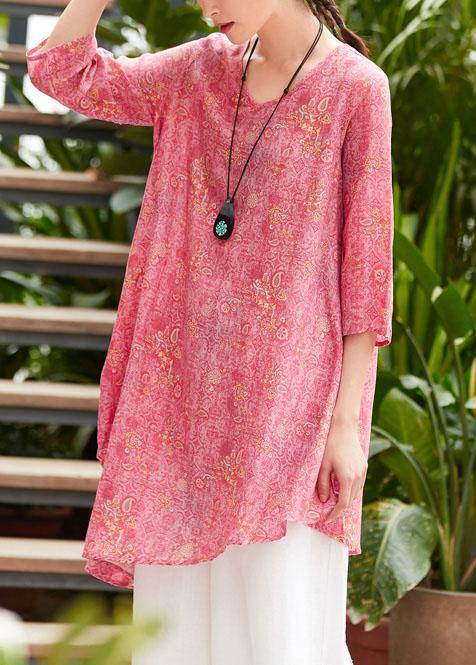 Unique v neck asymmetric linen Long Shirts Work pink print Dresses summer - bagstylebliss