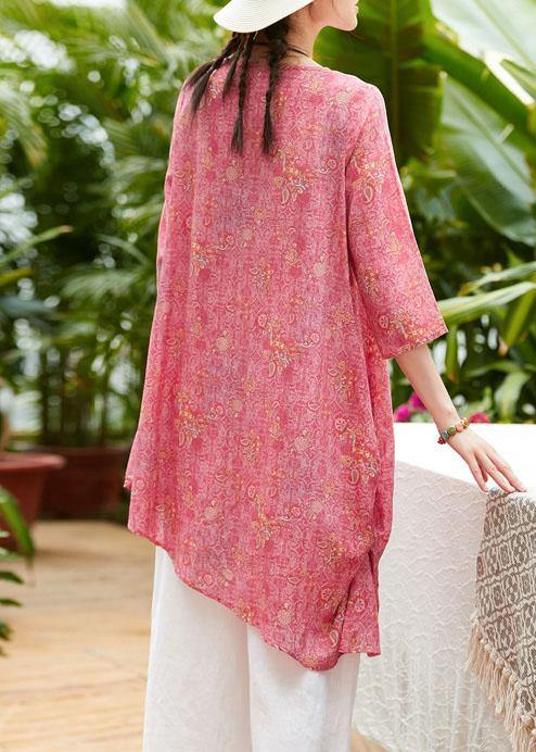 Unique v neck asymmetric linen Long Shirts Work pink print Dresses summer - bagstylebliss