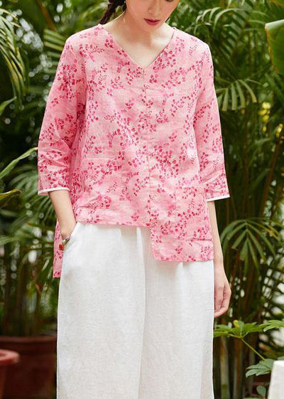 Unique v neck asymmetric linen tops women Shirts pink print blouses summer - bagstylebliss