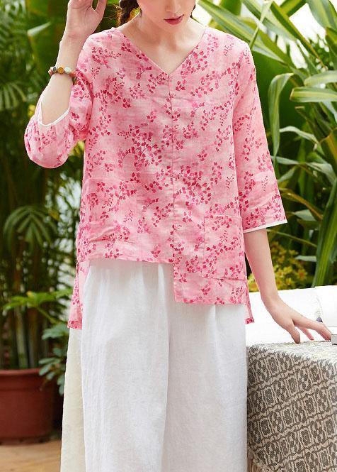 Unique v neck asymmetric linen tops women Shirts pink print blouses summer - bagstylebliss