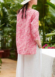 Unique v neck asymmetric linen tops women Shirts pink print blouses summer - bagstylebliss