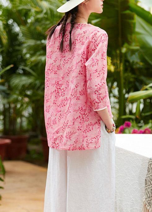 Unique v neck asymmetric linen tops women Shirts pink print blouses summer - bagstylebliss