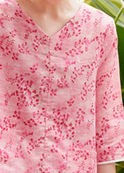 Unique v neck asymmetric linen tops women Shirts pink print blouses summer - bagstylebliss