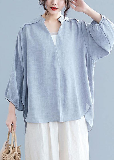 Unique v neck batwing sleeve cotton linen tops women gray Plus Size blouses summer - bagstylebliss