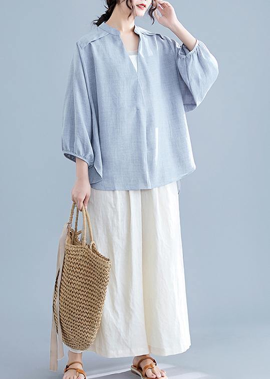 Unique v neck batwing sleeve cotton linen tops women gray Plus Size blouses summer - bagstylebliss