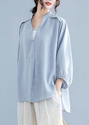 Unique v neck batwing sleeve cotton linen tops women gray Plus Size blouses summer - bagstylebliss