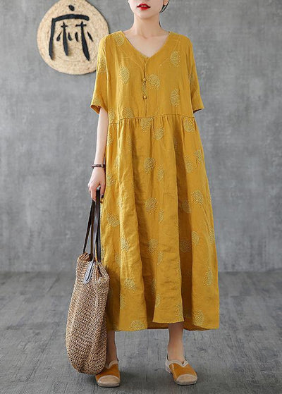 Unique v neck embroidery linen Robes Runway yellow Dress - bagstylebliss