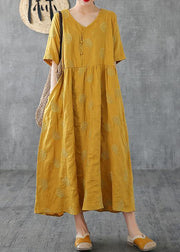 Unique v neck embroidery linen Robes Runway yellow Dress - bagstylebliss