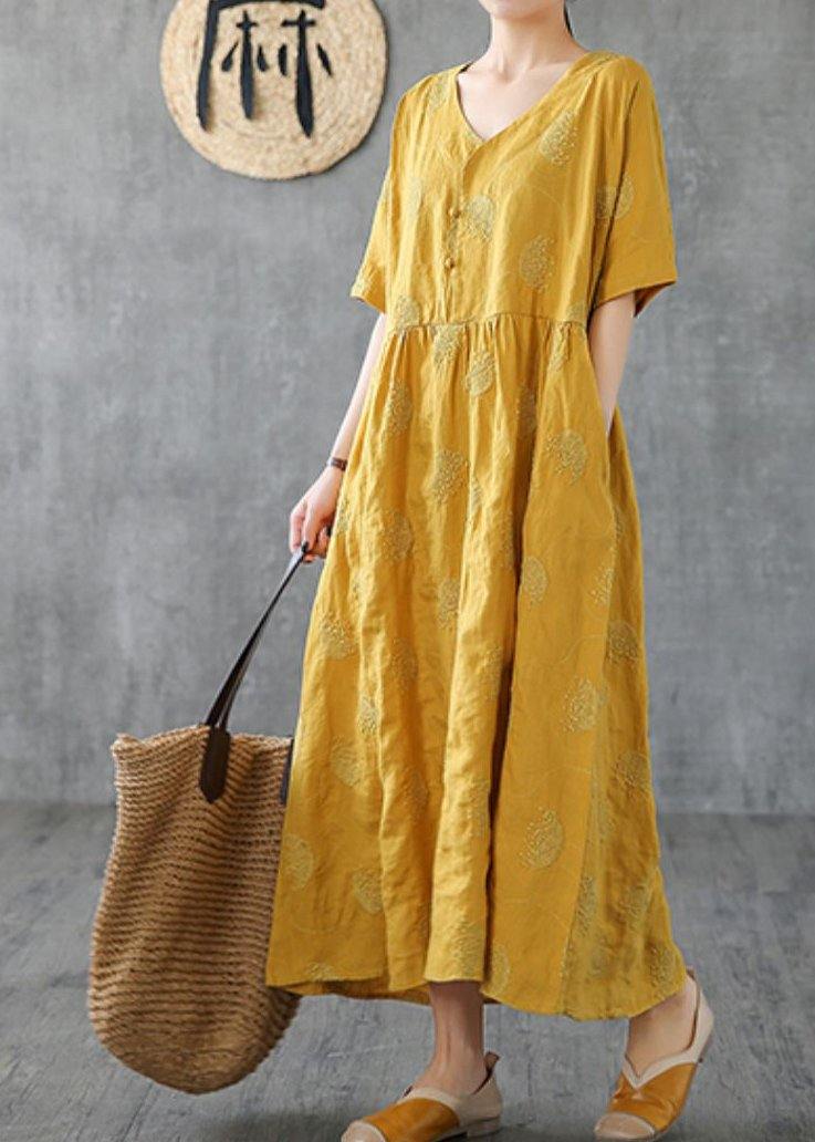 Unique v neck embroidery linen Robes Runway yellow Dress - bagstylebliss