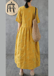 Unique v neck embroidery linen Robes Runway yellow Dress - bagstylebliss