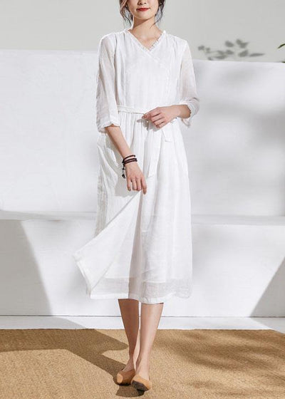 Unique v neck pockets linen Wardrobes white Dresses - bagstylebliss