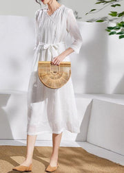 Unique v neck pockets linen Wardrobes white Dresses - bagstylebliss