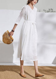 Unique v neck pockets linen Wardrobes white Dresses - bagstylebliss