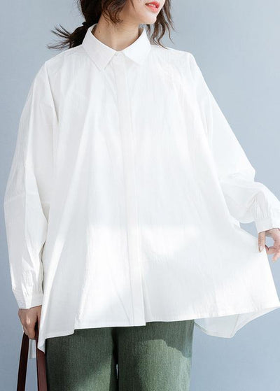 Unique white cotton shirts women loose hem box fall shirts - bagstylebliss