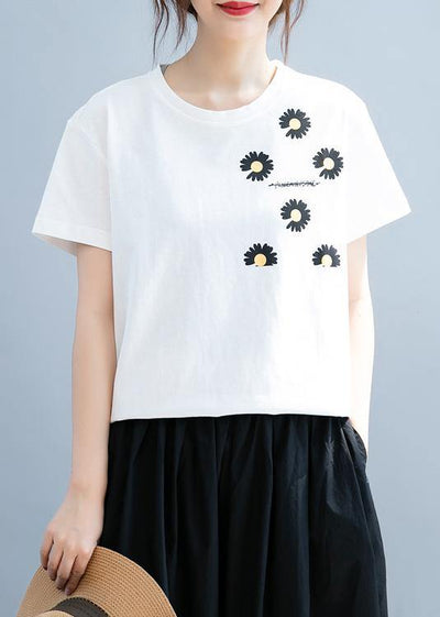 Unique white daisy print tops women o neck short blouse - bagstylebliss