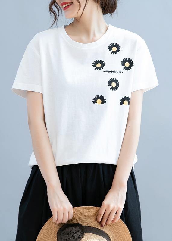 Unique white daisy print tops women o neck short blouse - bagstylebliss