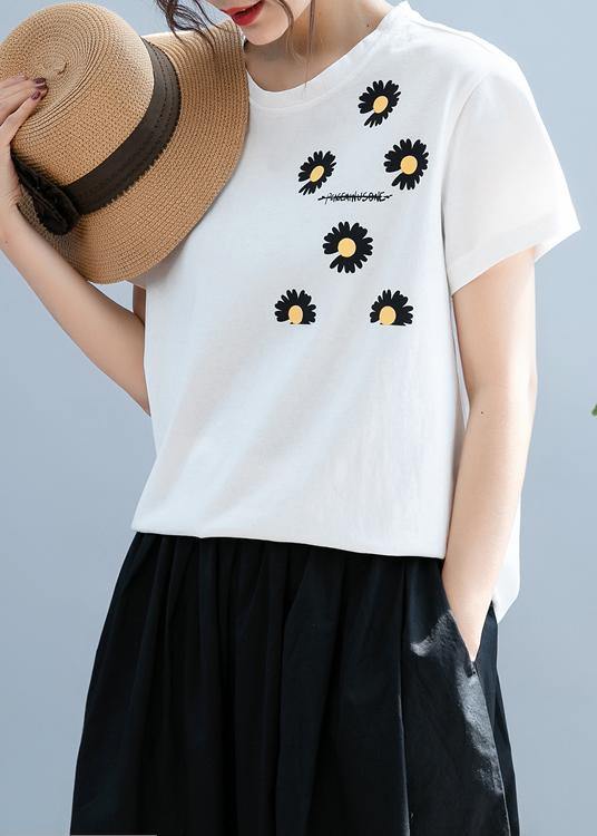 Unique white daisy print tops women o neck short blouse - bagstylebliss