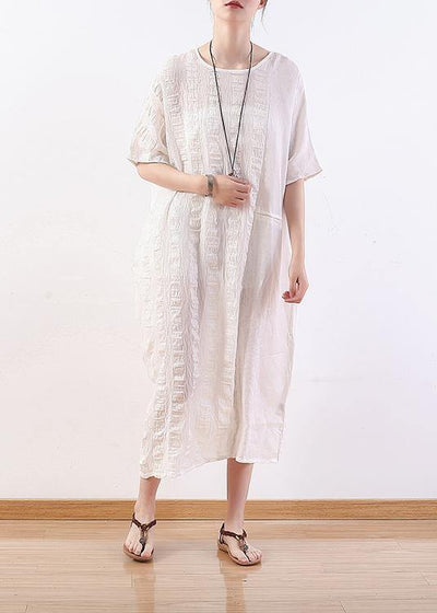 Unique white linen clothes o neck half sleeve Plus Size summer Dresses - bagstylebliss