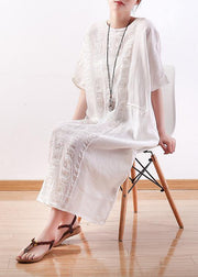 Unique white linen clothes o neck half sleeve Plus Size summer Dresses - bagstylebliss