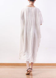 Unique white linen clothes o neck half sleeve Plus Size summer Dresses - bagstylebliss