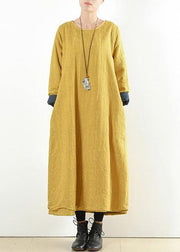 Unique yellow cotton clothes Women thick warm  Maxi o neck Dresses - bagstylebliss