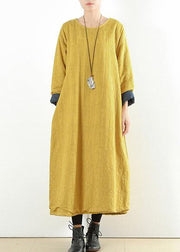 Unique yellow cotton clothes Women thick warm  Maxi o neck Dresses - bagstylebliss