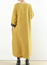 Unique yellow cotton clothes Women thick warm  Maxi o neck Dresses - bagstylebliss