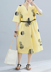 Unique yellow dotted cotton linen clothes For Women v neck half sleeve daily summer Dress - bagstylebliss