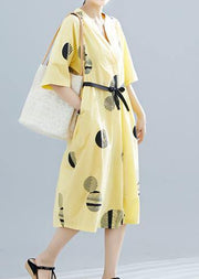 Unique yellow dotted cotton linen clothes For Women v neck half sleeve daily summer Dress - bagstylebliss