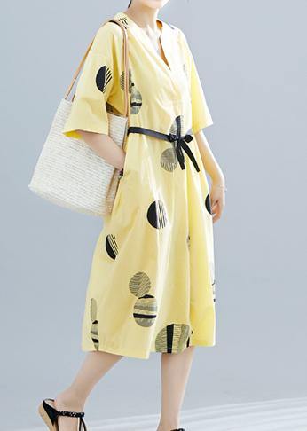 Unique yellow dotted cotton linen clothes For Women v neck half sleeve daily summer Dress - bagstylebliss