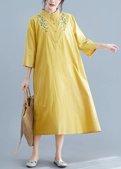Unique yellow embroidery cotton clothes stand collar pockets Plus Size summer Dress - bagstylebliss