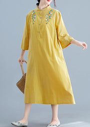 Unique yellow embroidery cotton clothes stand collar pockets Plus Size summer Dress - bagstylebliss