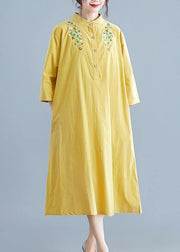 Unique yellow embroidery cotton clothes stand collar pockets Plus Size summer Dress - bagstylebliss