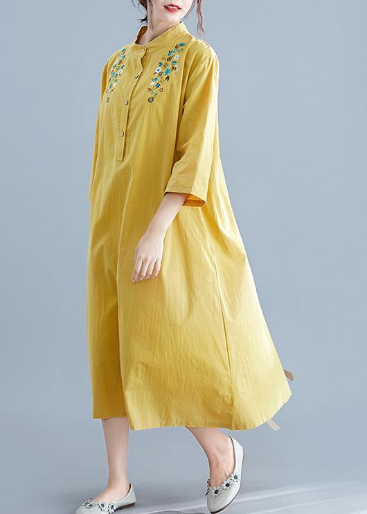 Unique yellow embroidery cotton clothes stand collar pockets Plus Size summer Dress - bagstylebliss