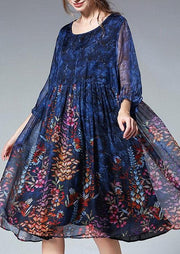 Unique Blue Print Tunic Pattern O Neck Cinched Plus Size Summer Dresses - bagstylebliss