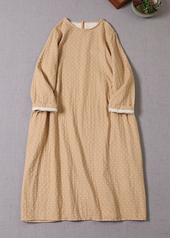 Vintage Apricot O-Neck Pockets Cotton Dress Spring