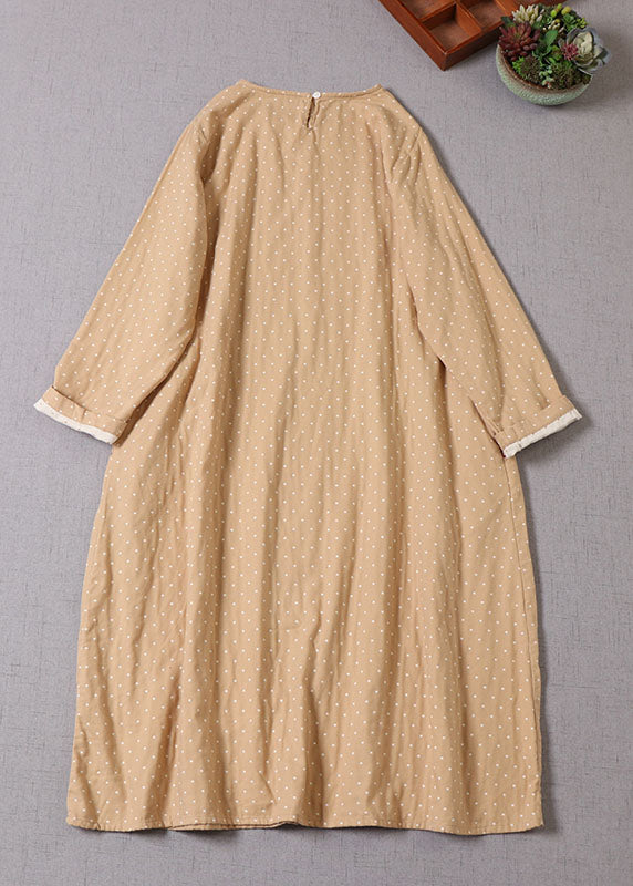 Vintage Apricot O-Neck Pockets Cotton Dress Spring