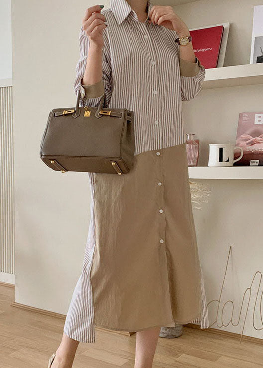 Vintage Apricot Striped Patchwork Cotton shirts Long Dresses Spring