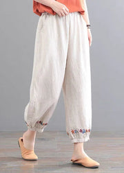 Vintage Beige Elastic Waist Embroideried Pockets Linen Beam Pants Summer