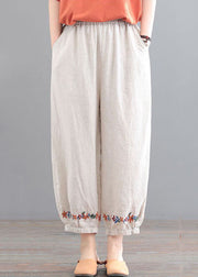 Vintage Beige Elastic Waist Embroideried Pockets Linen Beam Pants Summer