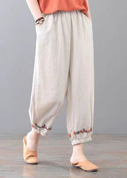 Vintage Beige Elastic Waist Embroideried Pockets Linen Beam Pants Summer