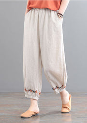 Vintage Beige Elastic Waist Embroideried Pockets Linen Beam Pants Summer