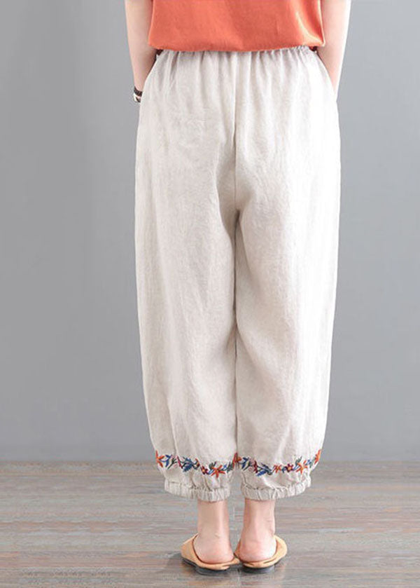 Vintage Beige Elastic Waist Embroideried Pockets Linen Beam Pants Summer