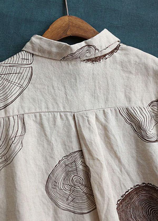 Vintage Beige Peter Pan Collar Print Summer Linen Blouses Half Sleeve - bagstylebliss