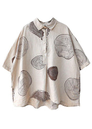 Vintage Beige Peter Pan Collar Print Summer Linen Blouses Half Sleeve - bagstylebliss
