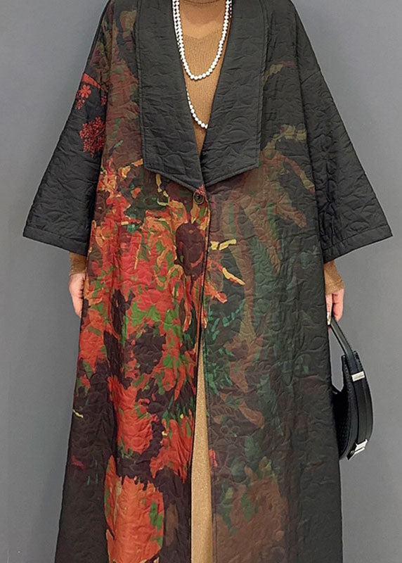 Vintage Black Asymmetrical Print Long Trench Coats Long Sleeve