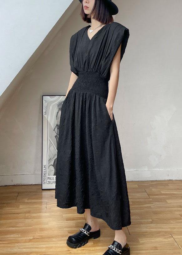 Vintage Black Cinched V Neck Sleeveless Summer Maxi Dresses - bagstylebliss