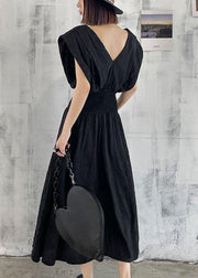 Vintage Black Cinched V Neck Sleeveless Summer Maxi Dresses - bagstylebliss