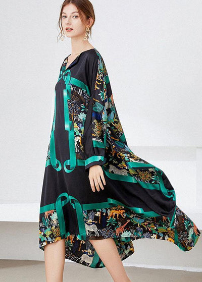 Vintage Black Green V Neck Print Fall Long Dresses - bagstylebliss