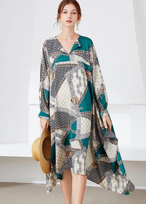 Vintage Black Green V Neck Print Fall Long Dresses - bagstylebliss